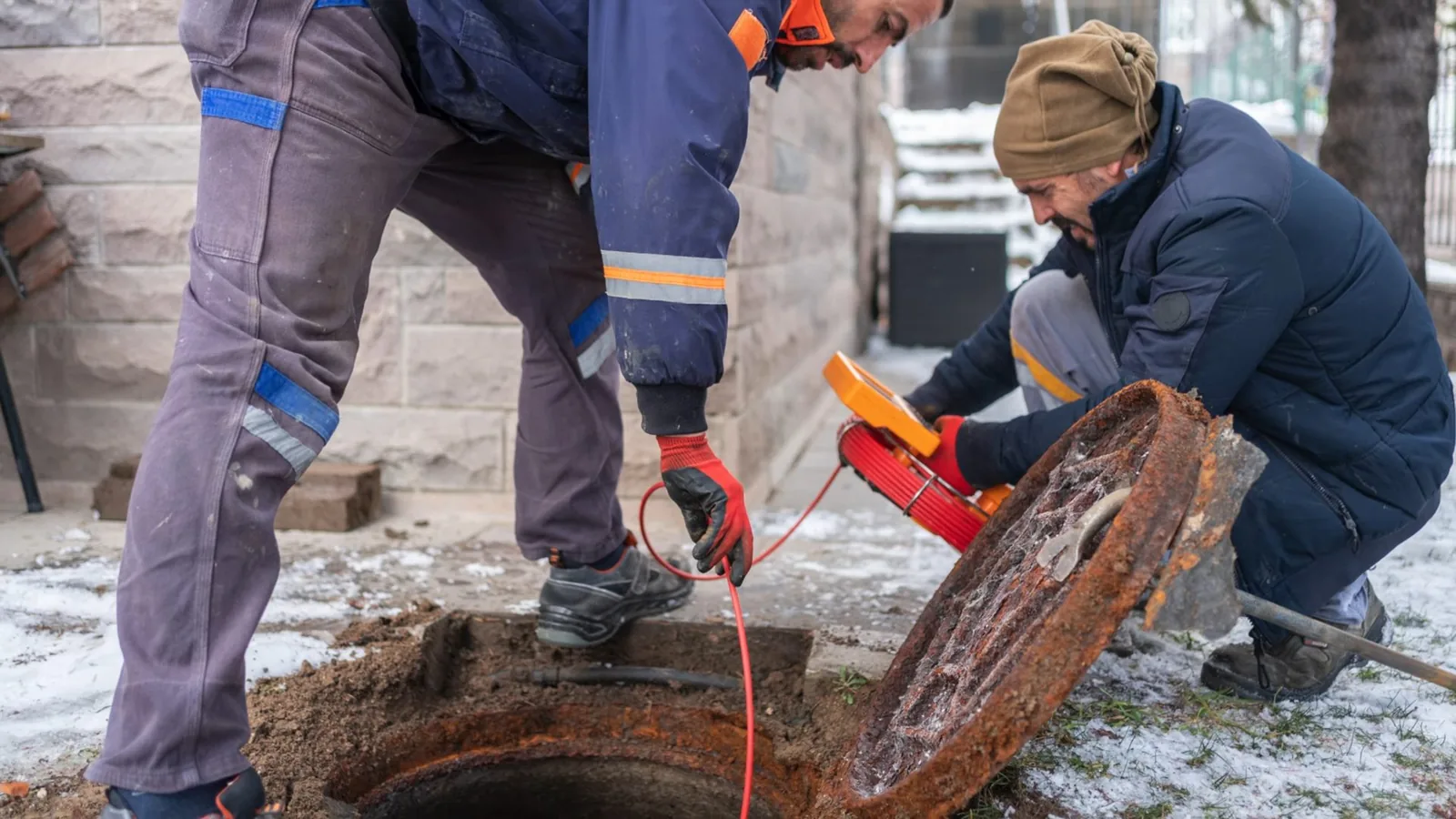 Two workers crouched at an open yard access cover, feeding an orange camera cable into the pipe, with the rusted cover lid propped beside it and snow on the ground